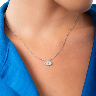 Oxzen γυναικείο κολιέ ασημένιο με ματάκι και λευκά ζιργκόν