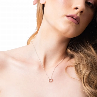 Oxzen γυναικείο κολιέ ασημένιο με διπλή καρδιά και λευκά ζιργκόν