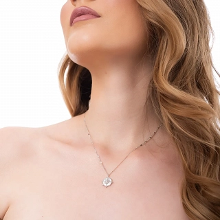 Oxzen κολιέ ασημένιο πυξίδα με φίλντισι και λευκά ζιργκόν