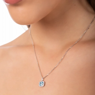 Oxzen γυναικείο κολιέ ασημένιο τετράγωνο μονόπετρο με aqua marina