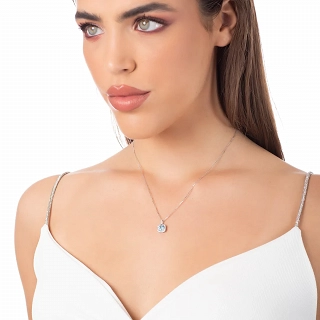 Oxzen γυναικείο κολιέ ασημένιο τετράγωνο μονόπετρο με aqua marina