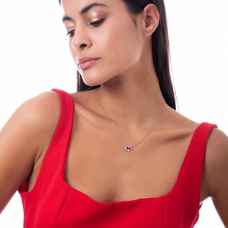 Oxzen ασημένιο κολιέ κόκκινη καρδιά και λευκά ζιργκόν