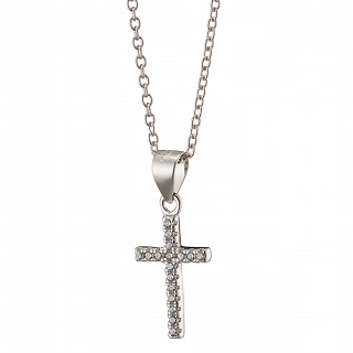 Oxzen κολιέ σταυρός ασημένιος λεπτός με λευκά ζιργκόν