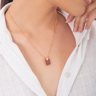 Oxzen ασημένιο κολιέ επιχρυσωμένο χειροποίητο με ορυκτή πέτρα Ίασπις