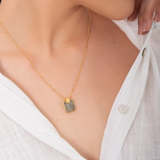 Oxzen ασημένιο κολιέ επιχρυσωμένο χειροποίητο με ορυκτή Flash stone