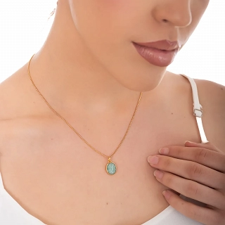 Oxzen ασημένιο κολιέ επιχρυσωμένο χειροποίητο με ορυκτή πέτρα μαλαχίτη