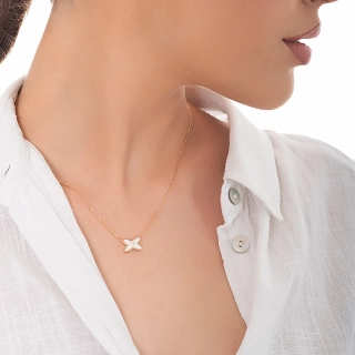 Oxzen γυναικείο ασημένιο κολιέ ροζ χρυσό σε σχήμα Χ με φίλντισι