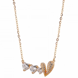 Oxzen ασημένιο κολιέ, καρδιές στη σειρά με λευκά ζιργκόν