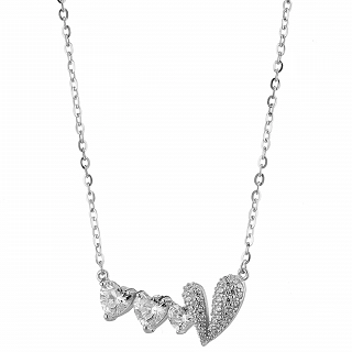 Oxzen ασημένιο κολιέ, καρδιές στη σειρά με λευκά ζιργκόν