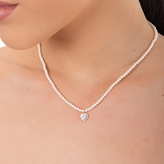 Oxzen ασημένιο κολιέ πέρλα 3mm με τελείωμα καρδιά με ζιργκόν