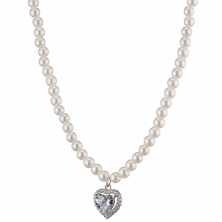 Oxzen ασημένιο κολιέ πέρλα 3mm με τελείωμα καρδιά με ζιργκόν
