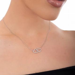 Oxzen ασημένιο κολιέ διπλή καρδιά με λευκά ζιργκόν