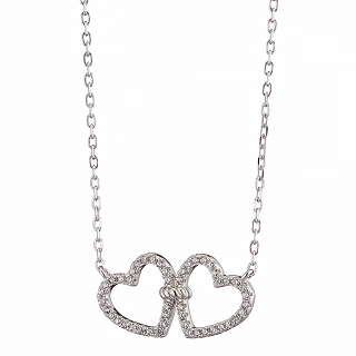 Oxzen ασημένιο κολιέ διπλή καρδιά με λευκά ζιργκόν