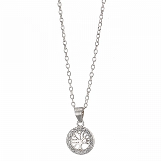 Oxzen ασημένιο κολιέ δέντρο ζωής μικρό με λευκά ζιργκόν