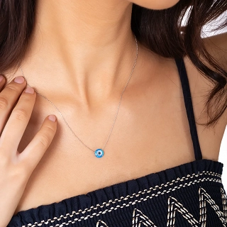 Oxzen γυναικείο κολιέ ασημένιο στρογγυλό ματάκι