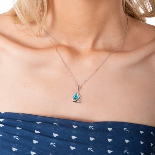 Oxzen γυναικείο κολιέ ασημένιο καραβάκι με γαλάζιο οπάλιο