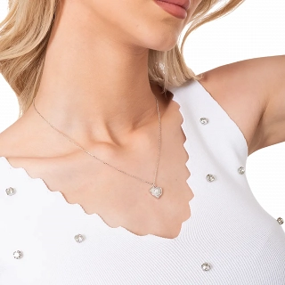 Oxzen γυναικείο κολιέ ασημένιο καρδιά με φίλντισι και τριαντάφυλλο