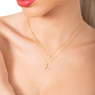 Oxzen γυναικείο κολιέ ασημένιο διπλό με καρδιά και πέτρες ζιργκόν