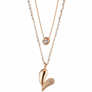 Oxzen γυναικείο κολιέ ασημένιο διπλό με καρδιά και πέτρες ζιργκόν