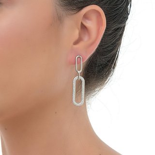 Oxzen σκουλαρίκια κρεμαστά ασημένια μακρύ δύο κρίκοι οβάλ με ζιργκόν