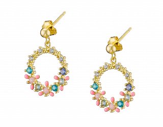 Oxzen σκουλαρίκια καρφωτά ασημένια με ροζ ορυκτές πέτρες και πράσινα ζιργκόν