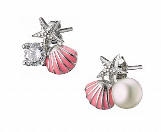 Oxzen σκουλαρίκια καρφωτά ασημένια με πέρλα, σμάλτο και λευκό ζιργκόν