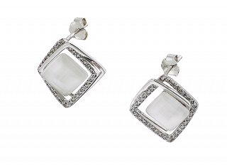 Oxzen σκουλαρίκια καρφωτά ασημένια τετράγωνα με οπάλιο και λευκά ζιργκόν