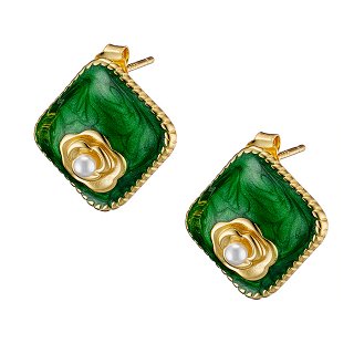 Oxzen σκουλαρίκια καρφωτά ασημένια χειροποίητα με τετράγωνη πέτρα από σμάλτο