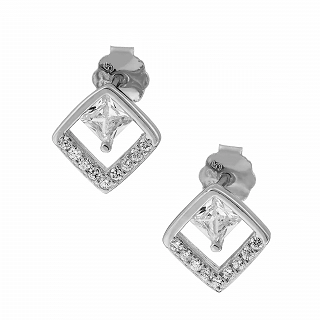 Oxzen ασημένιο σκουλαρίκι τετράγωνο με λευκά ζιργκόν