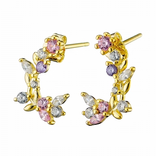 Oxzen ασημένιο σκουλαρίκι ημικυκλικό με λουλούδια και πέτρες ζιργκόν