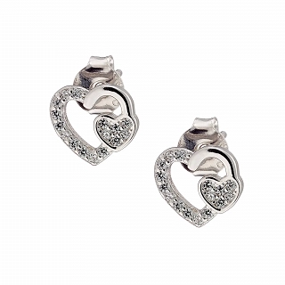Oxzen σκουλαρίκι ασημένιο καρφωτό με διπλή καρδιά και λευκά ζιργκόν