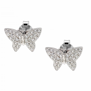 Oxzen σκουλαρίκι ασημένιο καρφωτό πεταλούδα με λευκά ζιργκόν