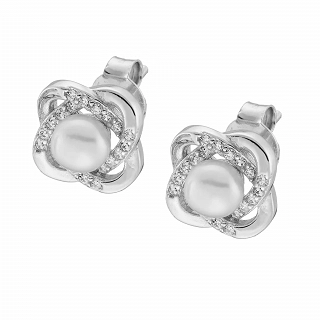 Oxzen σκουλαρίκια καρφωτά ασημένια με πέρλα και λευκά ζιργκόν