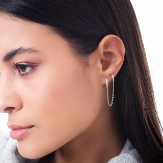 Oxzen σκουλαρίκια ασημένια κρικάκια με ζιργκόν για διπλή τρύπα με αλυσίδα
