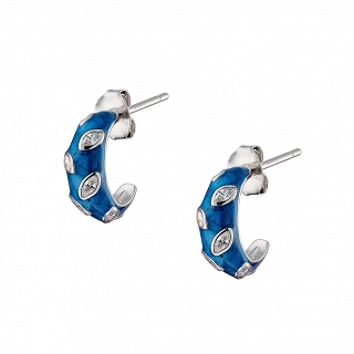 Oxzen σκουλαρίκια κρικάκια μικρά ασημένια με μπλε σμάλτο και λευκά ζιργκόν