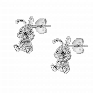 Oxzen ασημένιο σκουλαρίκι παιδικό-εφηβικό επιπλατινωμένο λαγουδάκι με λευκά ζιργκόν
