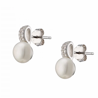 Oxzen σκουλαρίκια καρφωτά ασημένια με πέρλα και λευκά ζιργκόν