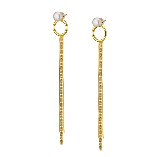 Oxzen ασημένιο σκουλαρίκι επιχρυσωμένο μακρύ με πέρλα