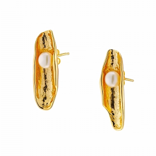 Oxzen ασημένιο σκουλαρίκι επιχρυσωμένο χειροποίητο με πέρλα