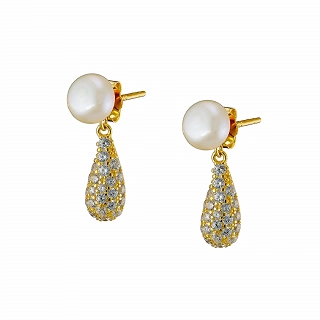 Oxzen ασημένιο σκουλαρίκι με πέρλα και λευκά ζιργκόν