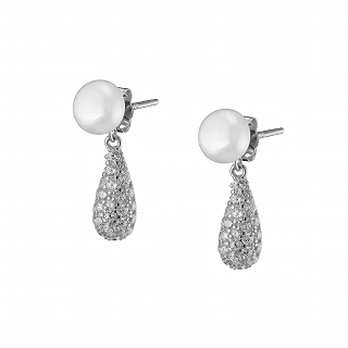 Oxzen ασημένιο σκουλαρίκι με πέρλα και λευκά ζιργκόν