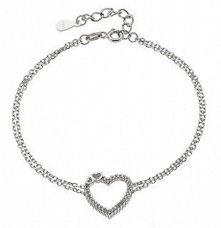 Oxzen βραχιόλι ασημένιο διπλό με καρδιά και λευκά ζιργκόν