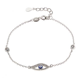 Oxzen γυναικείο βραχιόλι ασημένιο με ματάκι και λευκά ζιργκόν