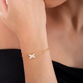 Oxzen γυναικείο βραχιόλι ασημένιο διπλό με φίλντισι σε σχήμα Χ