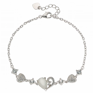 Oxzen ασημένιο βραχιόλι καρδιά με οπάλιο και λευκά ζιργκόν
