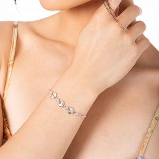 Oxzen ασημένιο βραχιόλι φύλλα με φίλντισι και λευκά ζιργκόν