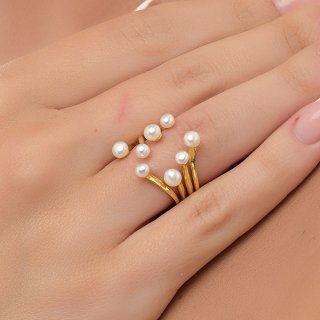 Oxzen δαχτυλίδι ασημένιο σε χρυσό χειροποίητο με ακατέργαστο μαργαριτάρι