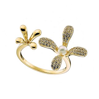 Oxzen δαχτυλίδι ασημένιο με ζιργκόν λουλούδι και πέρλα free size