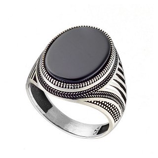 Oxzen ανδρικό δαχτυλίδι ασημένιο, με οβάλ πέτρα μαύρο αχάτη