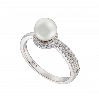 Oxzen δαχτυλίδι ασημένιο με πέρλα και λευκά ζιργκόν